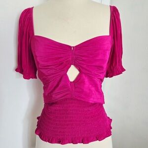 Ramy Brook Pink Satin Cut Out Smocked Top Feminine Glam Party Festival Coquette
